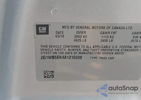 2010 Chevrolet Impala Lt z USA, uszkodzony, nr VIN 2G1WB5EK4A1216038